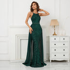 Green Off Shoulder Tassel Sequin Evening Dress Sexy Cross Back Party Dress
