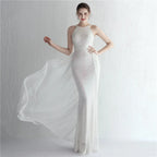 Green Off Shoulder Tassel Sequin Evening Dress Sexy Cross Back Party Dress