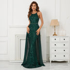 Green Off Shoulder Tassel Sequin Evening Dress Sexy Cross Back Party Dress