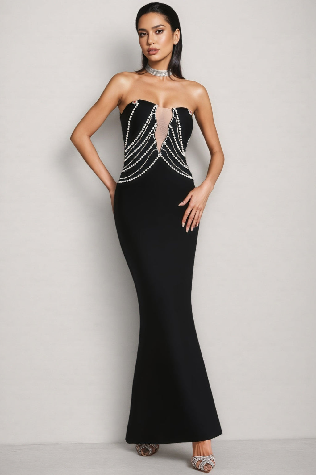Vaughn Black Pearls Off Shoulder Maxi Dress