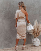 Persimmon One Shoulder Satin Drape Dress Champagne