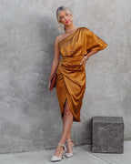 Persimmon One Shoulder Satin Drape Dress Marigold