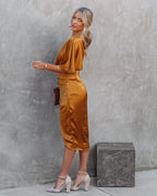 Persimmon One Shoulder Satin Drape Dress Marigold
