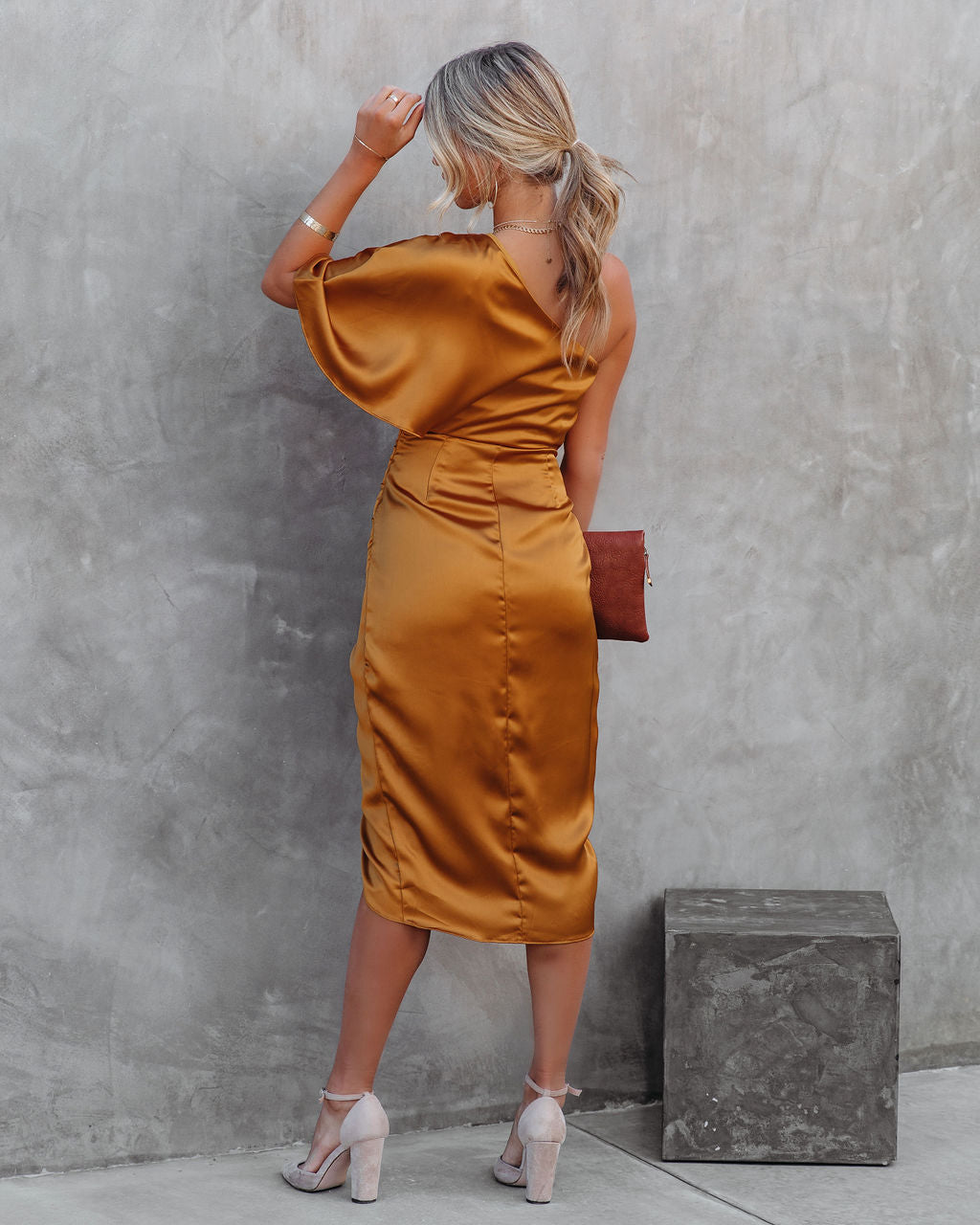 Persimmon One Shoulder Satin Drape Dress Marigold