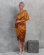 Persimmon One Shoulder Satin Drape Dress Marigold