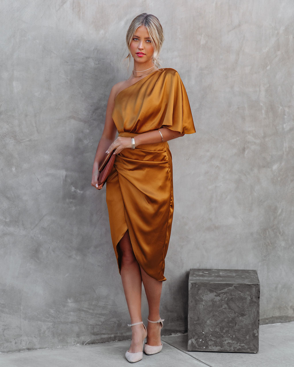 Persimmon One Shoulder Satin Drape Dress Marigold