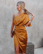 Persimmon One Shoulder Satin Drape Dress Marigold