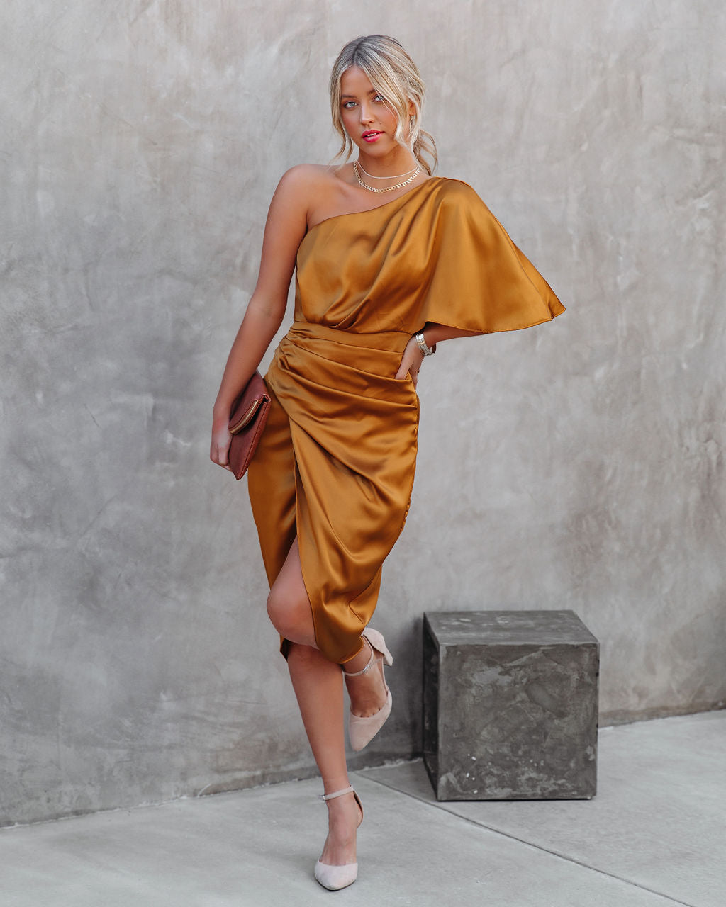 Persimmon One Shoulder Satin Drape Dress Marigold