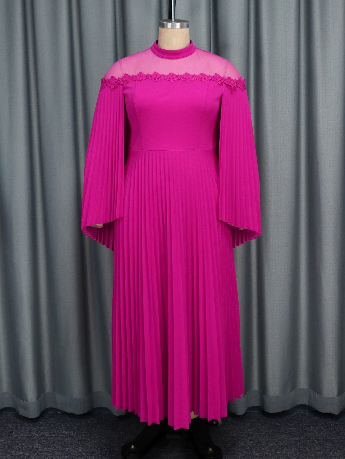 Personalized Shawl Sleeve See through Collar Pleated Party A line Dress