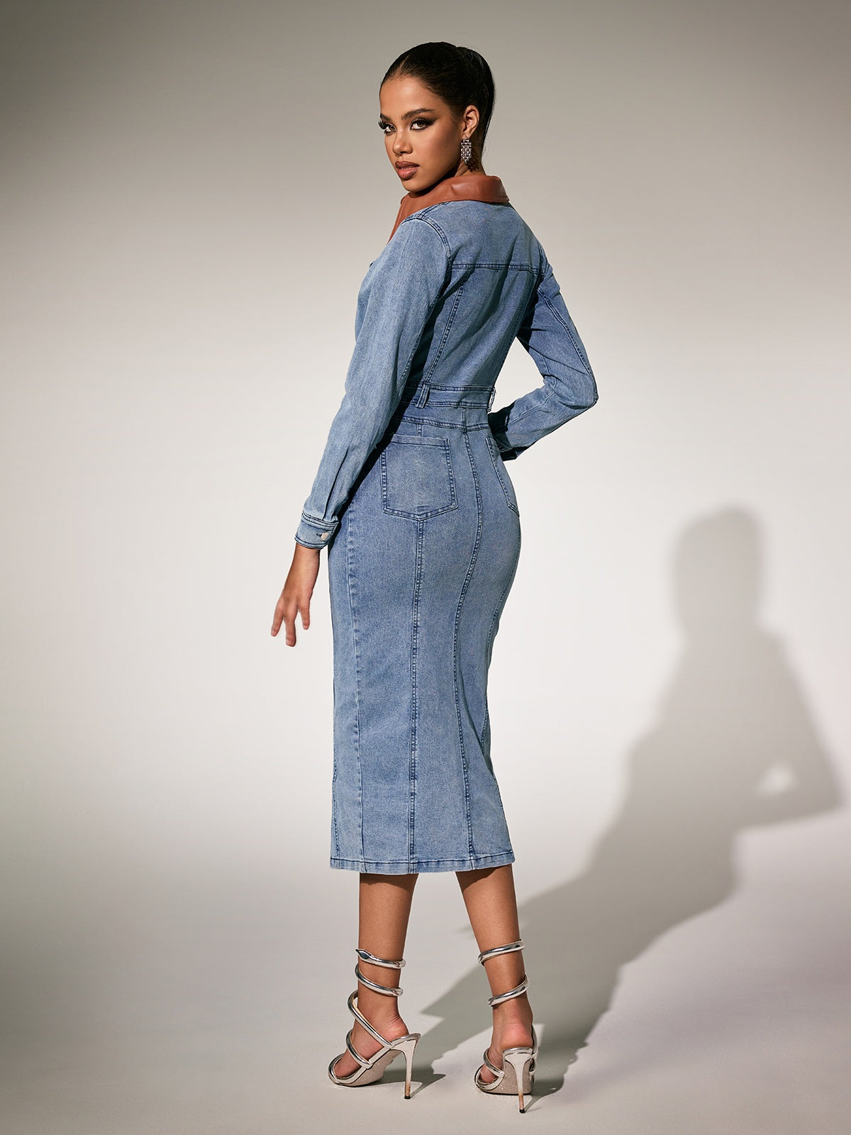 Folded Collar Split Midi Dress