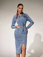 Folded Collar Split Midi Dress