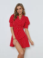 Polka Dots Puff Sleeve Ruffled Dress
