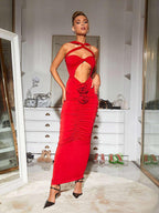 Pomeline Rose Bodycon Maxi Dress In Red