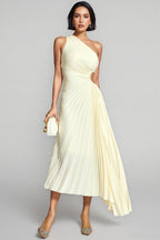 Symons Beige One Shoulder Pleated Maxi Dress