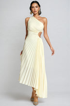 Symons Beige One Shoulder Pleated Maxi Dress