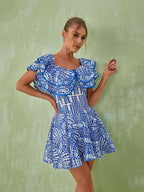 Princess Ruffle Cutout Mini Dress In Blue