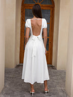 Puff Sleeve Backless Bow Tie Pocket Long Dress