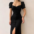 Elegant Slim Black ALine Puff Sleeve Office Party Waist Knee Length Dress