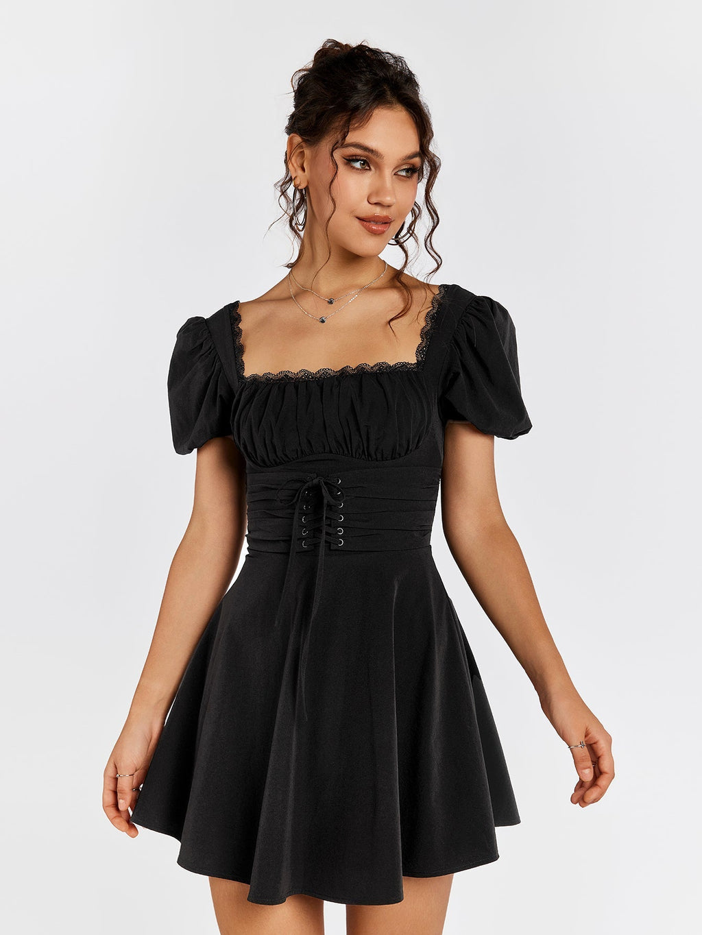Puff Sleeve Lace Trim Backless Mini Dress