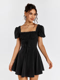 Puff Sleeve Lace Trim Backless Mini Dress