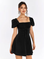 Puff Sleeve Lace Trim Backless Mini Dress