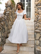Puff Sleeve Lace Trim Ruched With Pockets Midi Dress