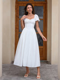 Puff Sleeve Lace Trim Ruched With Pockets Midi Dress