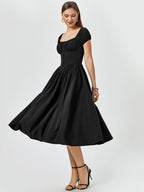 Puff Sleeve Ruched Bust Button Midi Dress