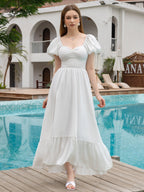 Puff Sleeve Ruched Waist Flared Long Dress