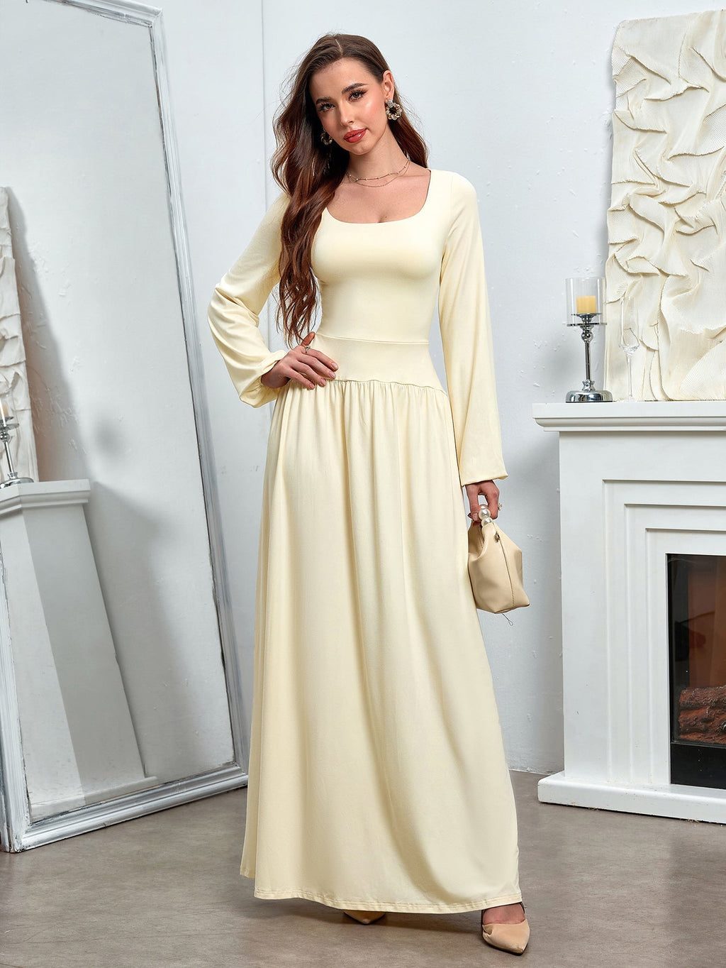 Puff Sleeve Square Neck Flared Bodycon Long Dress