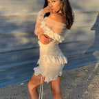 Off Shoulder Asymmetrical Frill Mini Dress PP19409