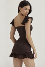 Brown Ruffle Fishbone Mini Dress