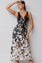 Ziska V Neck Flower Embroidered Midi Dress