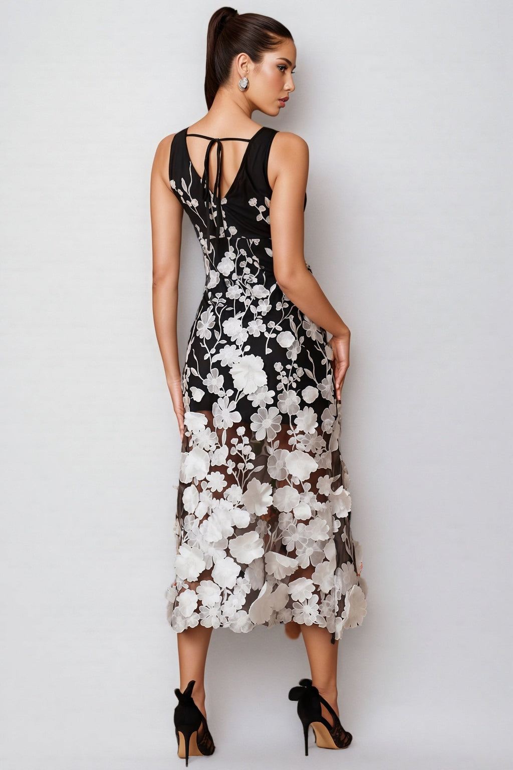 Ziska V Neck Flower Embroidered Midi Dress