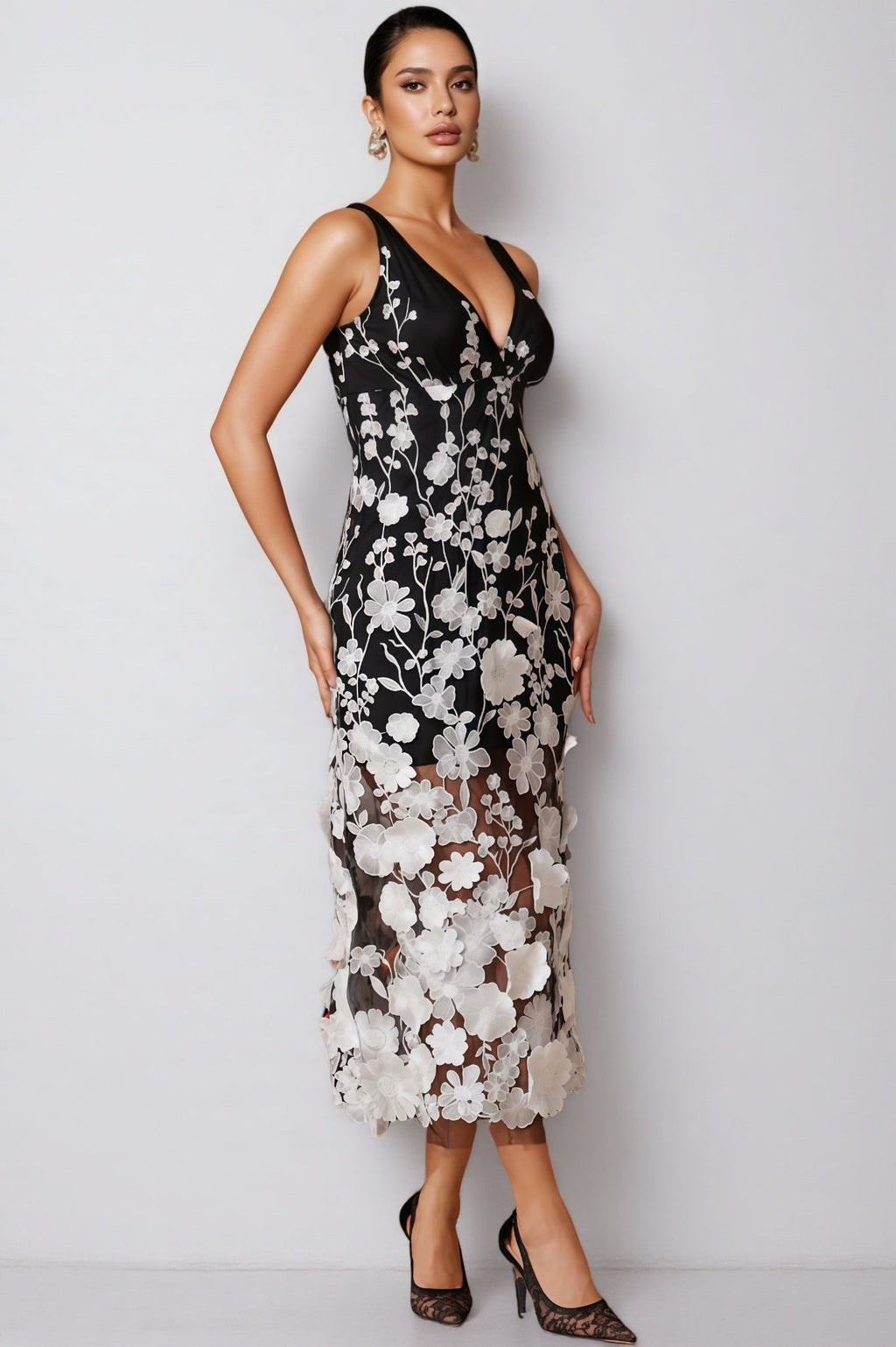 Ziska V Neck Flower Embroidered Midi Dress