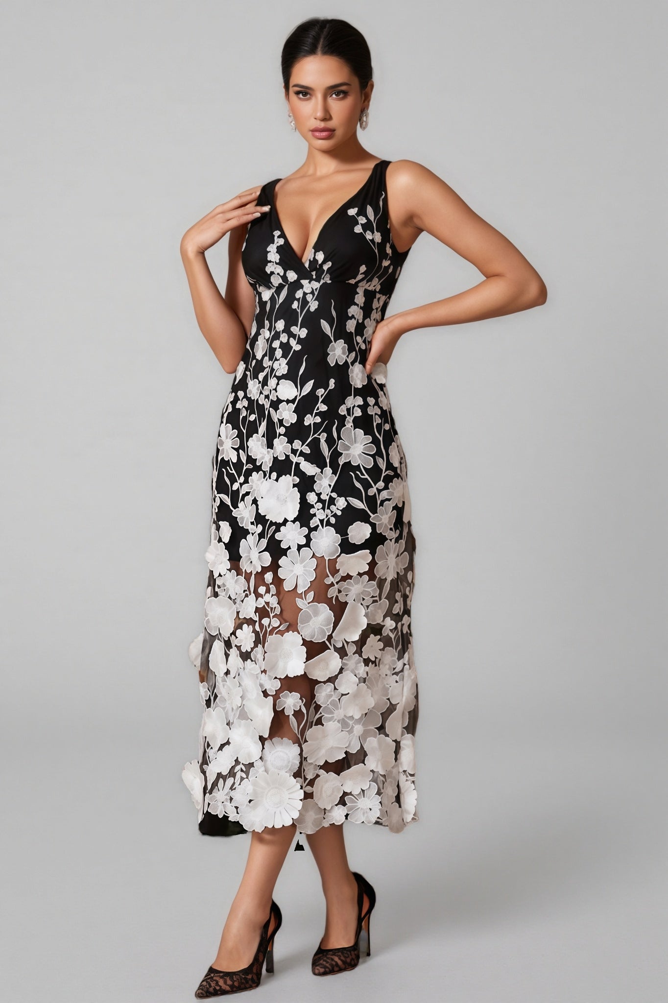 Ziska V Neck Flower Embroidered Midi Dress