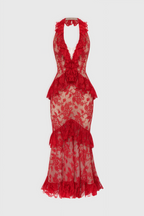 Gracd Backless Lace Ruffled Midi Dress
