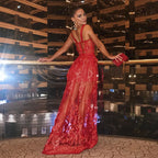Red Color Celebrity Fashion Sleeveless Sexy Backless Lace Long Dress Party Dress