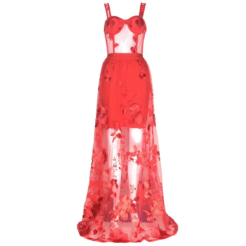 Red Color Celebrity Fashion Sleeveless Sexy Backless Lace Long Dress Party Dress
