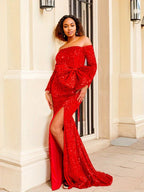 Red Sequined Split Maxi Party Dress