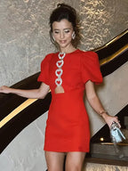 Sexy Hollow Out Slim Mini Puff Sleeve Red Party Dress