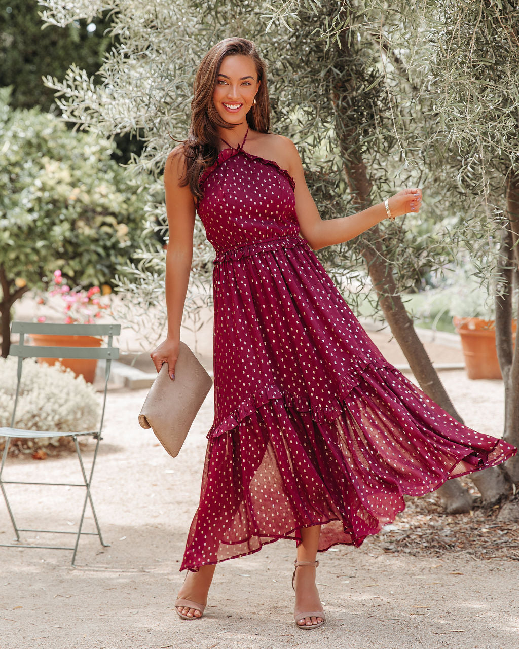 Remarkable Metallic Detailed Halter Midi Dress Wine FINAL