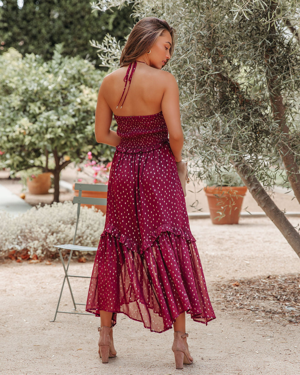 Remarkable Metallic Detailed Halter Midi Dress Wine FINAL