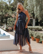 Remarkable Metallic Detailed Halter Midi Dress Navy FINAL