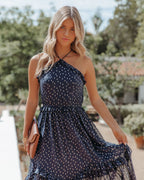 Remarkable Metallic Detailed Halter Midi Dress Navy FINAL
