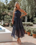 Remarkable Metallic Detailed Halter Midi Dress Navy FINAL