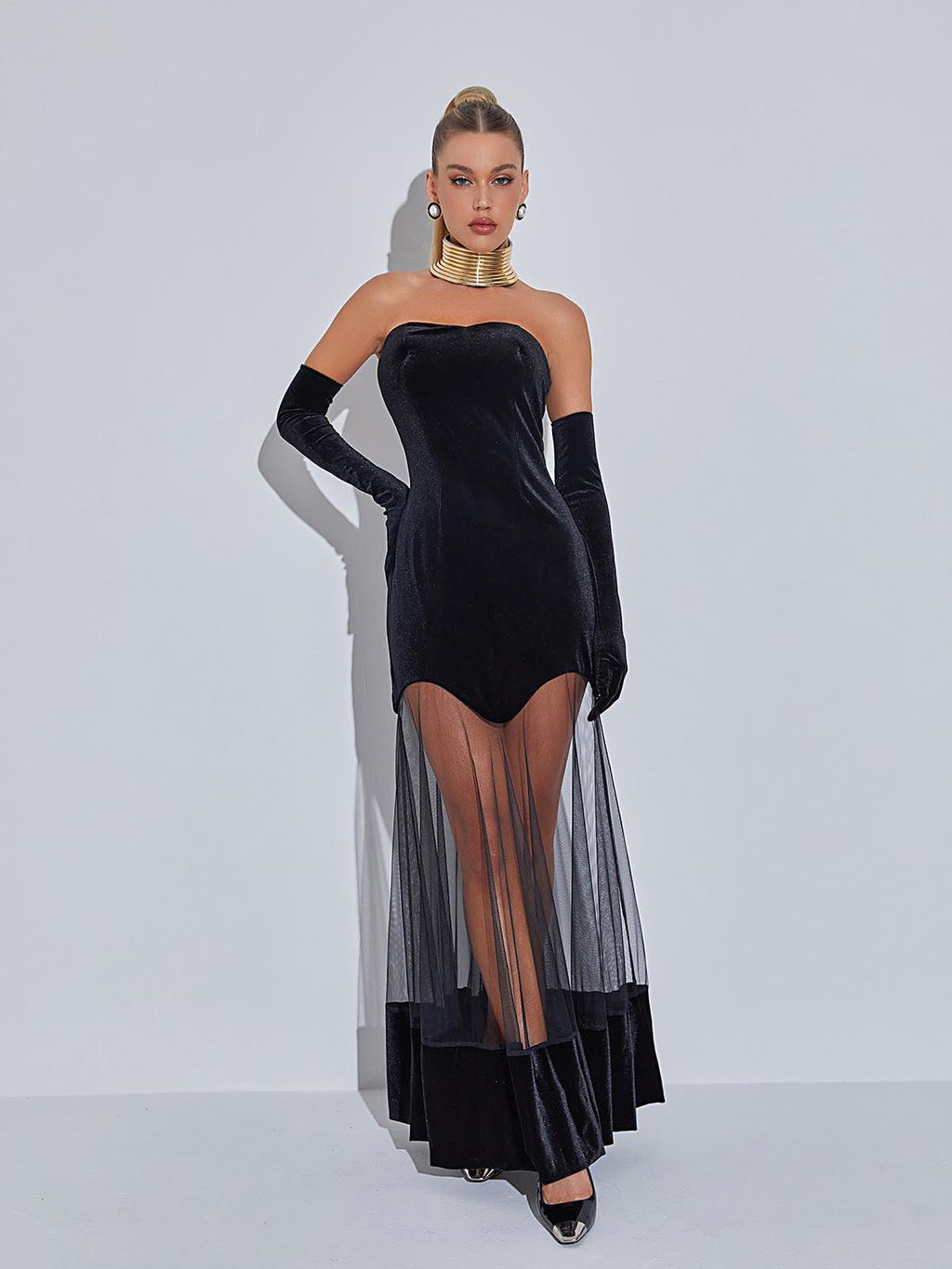 Rena Strapless Velvet Mesh Maxi Dress