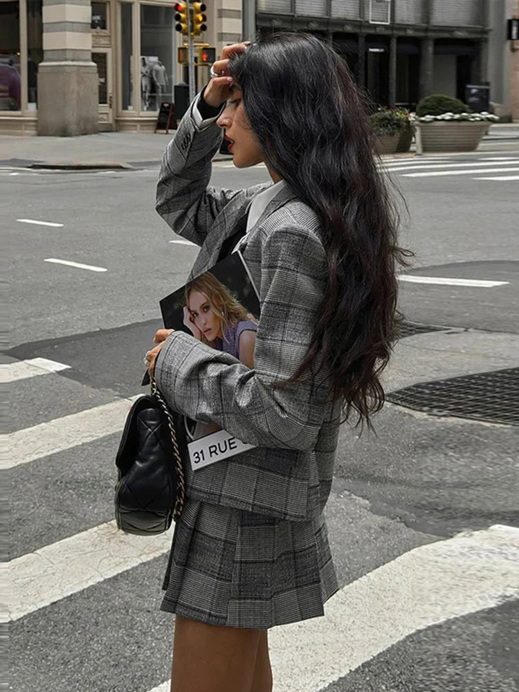Retro Plaid Pleated Lapel Office Two Piece Set