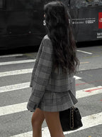 Retro Plaid Pleated Lapel Office Two Piece Set