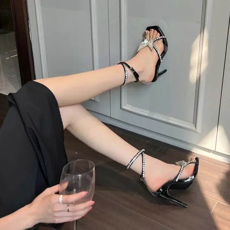 Beautiful Rhinestone Butterflyknot Square Head Crystal Ankle Strap High Heel